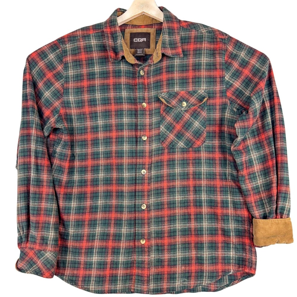 CQR Flannel‎ Shirt Mens Large Green Red Plaid Corduroy Collar Casual Workwear